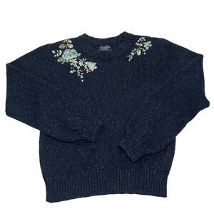 Abercrombie & Fitch Floral Embroidered Womens Sweater Nubby Knit Navy size Small